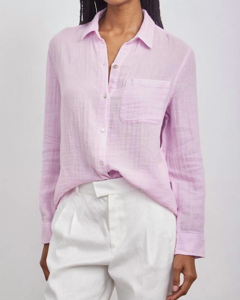 Front of a model wearing a size L Ellis Shirt in Pale Lilac in Pale Lilac by Rails. | dia_product_style_image_id:334159